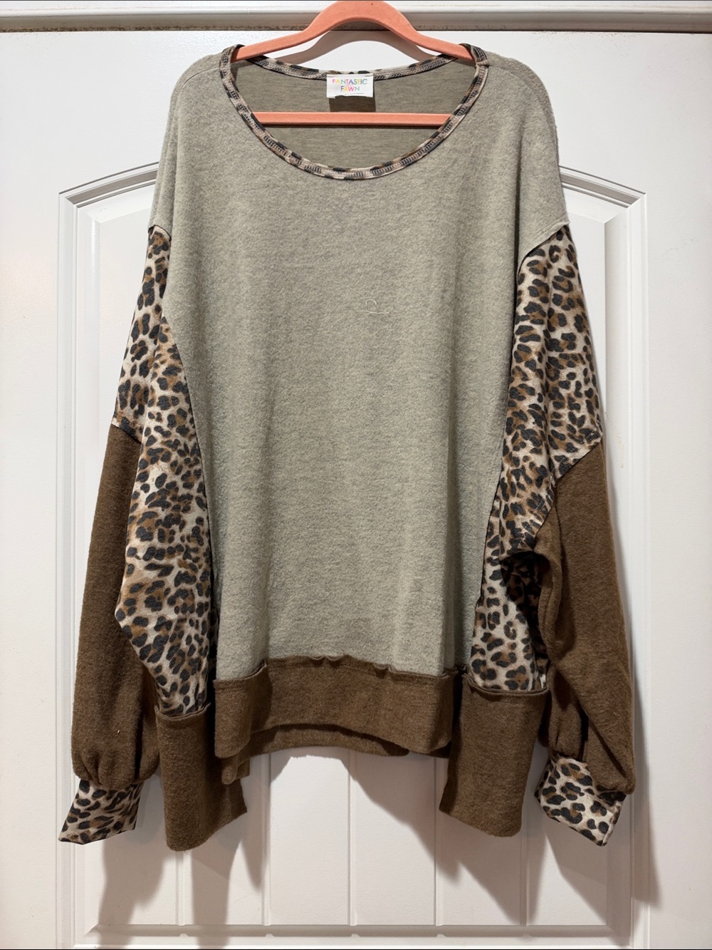 Fantastic Fawn Olive Pullover with Leopard Print & Brown Accents